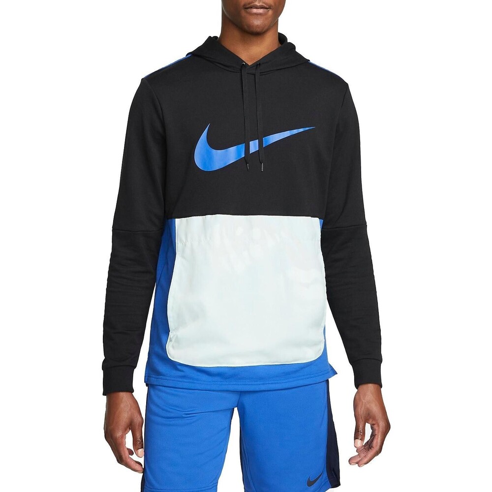 Nike Mens Colorblock Hoodie M Black Blue Swoosh Therma Fit Pullover Sweatshirt